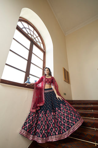 Teal Blue With Maroon Choli, Georgette Fabric And Gota Patti With Thread And Sequence Embroidery Work Heavy Can Can For Wedding, Party Wear ClothsVilla