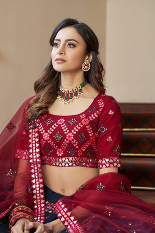 Teal Blue With Maroon Choli, Georgette Fabric And Gota Patti With Thread And Sequence Embroidery Work Heavy Can Can For Wedding, Party Wear ClothsVilla