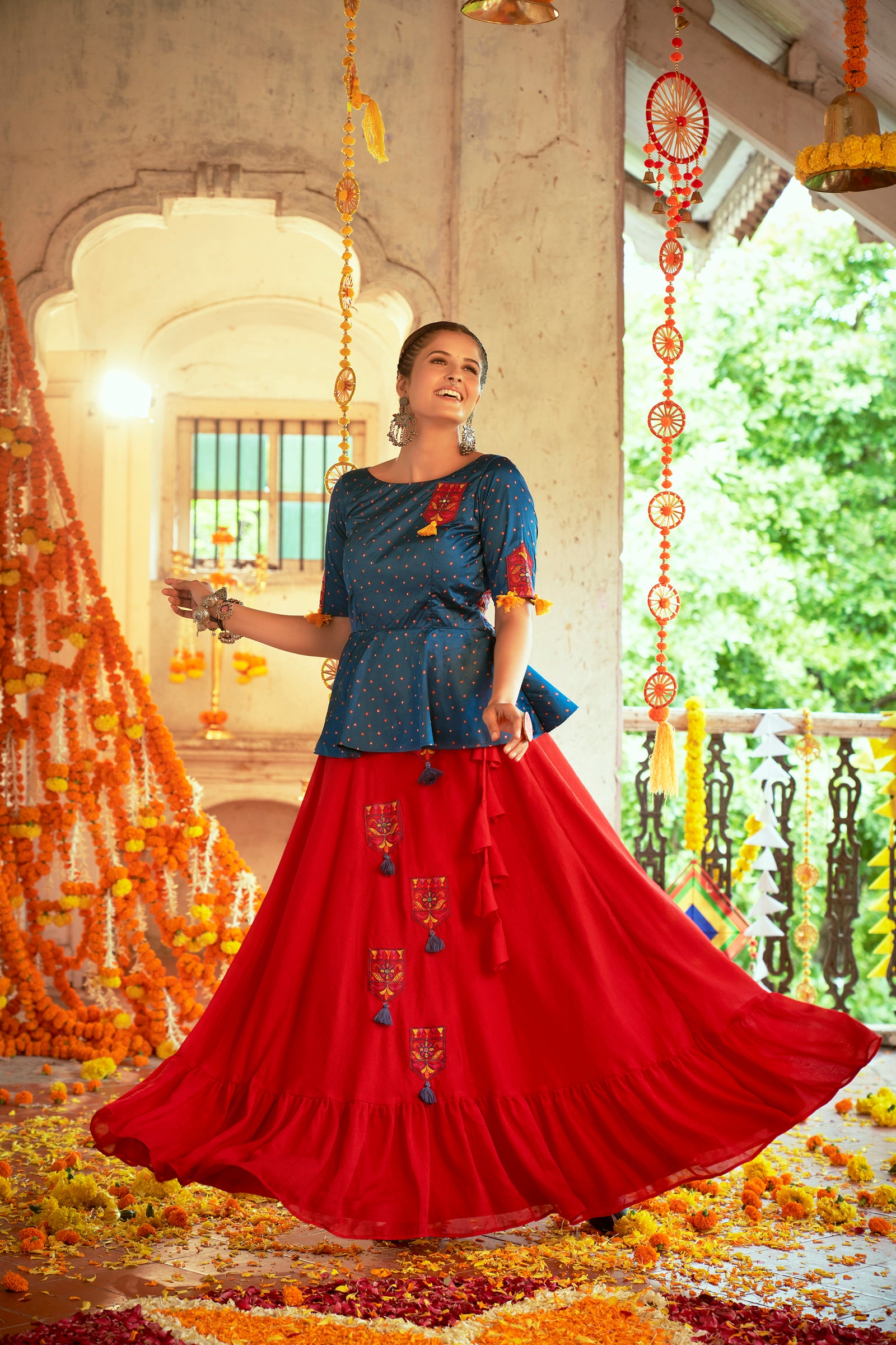 Teal Blue With Red Color Navratri Special Ready To Wear Croptop Lehenga Clothsvilla
