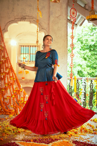 Teal Blue With Red Color Navratri Special Ready To Wear Croptop Lehenga Clothsvilla