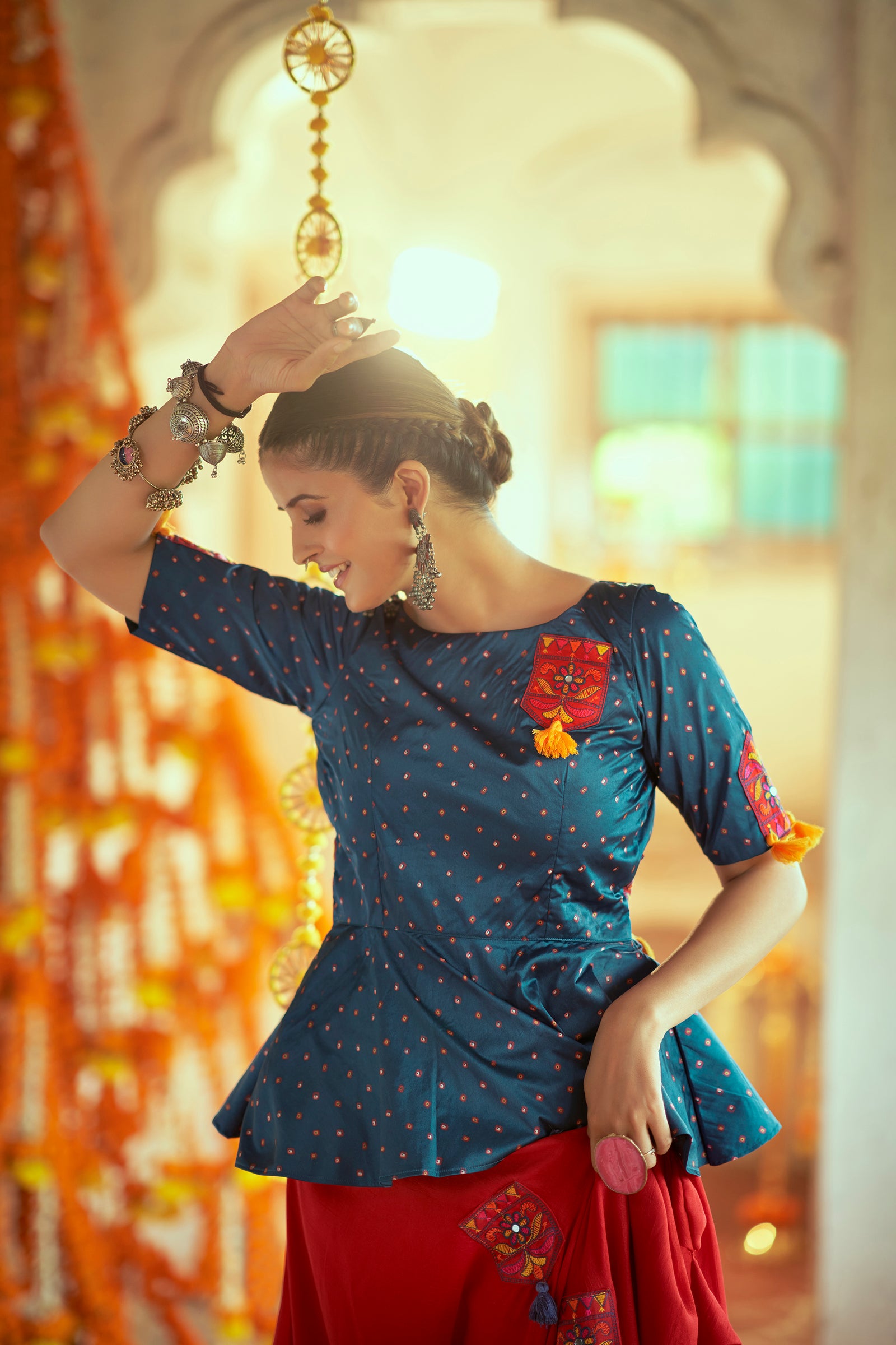 Teal Blue With Red Color Navratri Special Ready To Wear Croptop Lehenga Clothsvilla