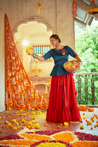 Teal Blue With Red Color Navratri Special Ready To Wear Croptop Lehenga Clothsvilla