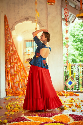Teal Blue With Red Color Navratri Special Ready To Wear Croptop Lehenga Clothsvilla