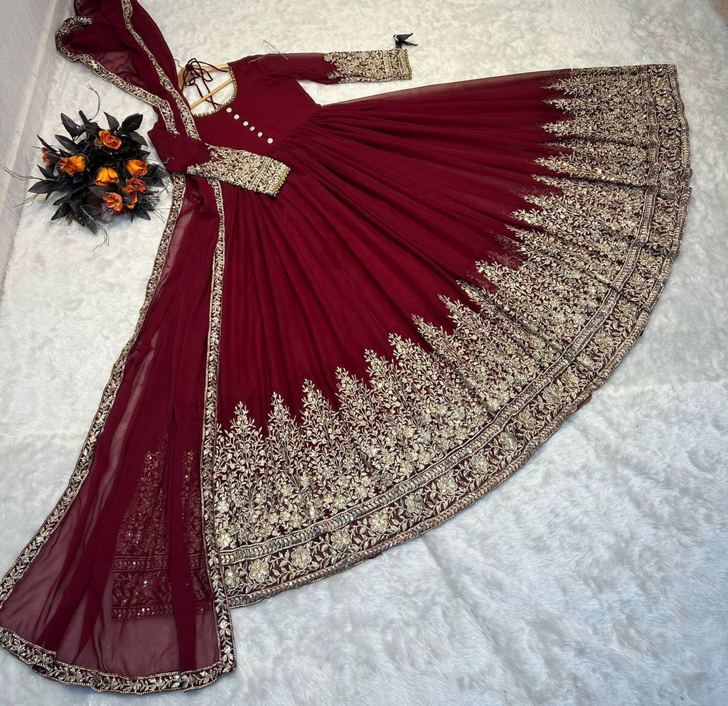 Classy Maroon Color Sequence Embroidery Work Gown Clothsvilla