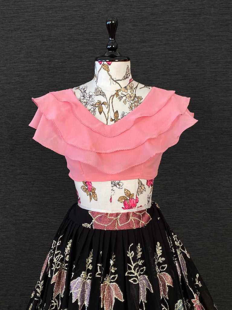 Black & Pink Color Thread And Sequins Embroidery Work Georgette Two Piece Lehenga Set Clothsvilla