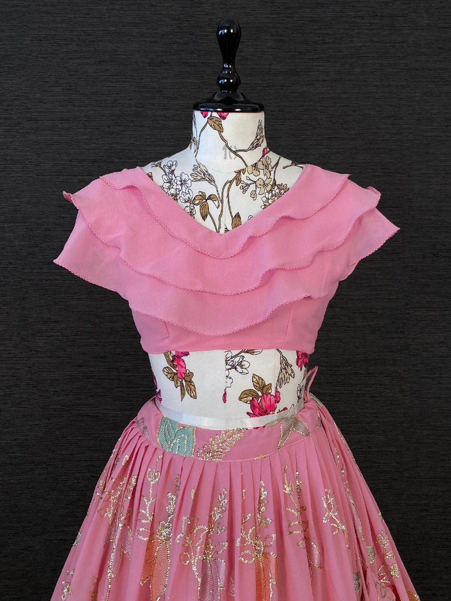 Women's Pure Georgette Pink Half & Half Half and Half With Blouse Piece