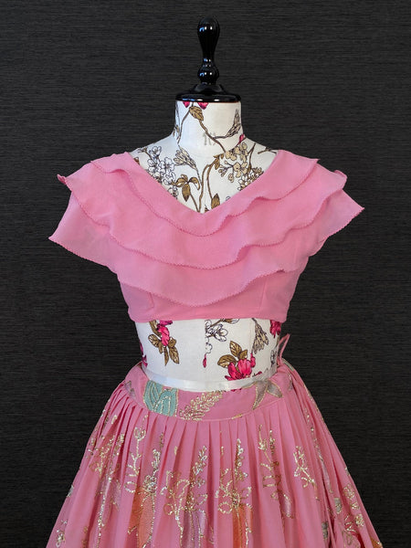Pink Color Thread And Sequins Embroidery Work Georgette Crop