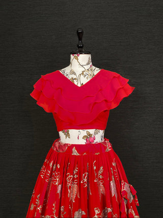 Red Color Thread And Sequins Embroidery Work Georgette Lehenga Set Clothsvilla
