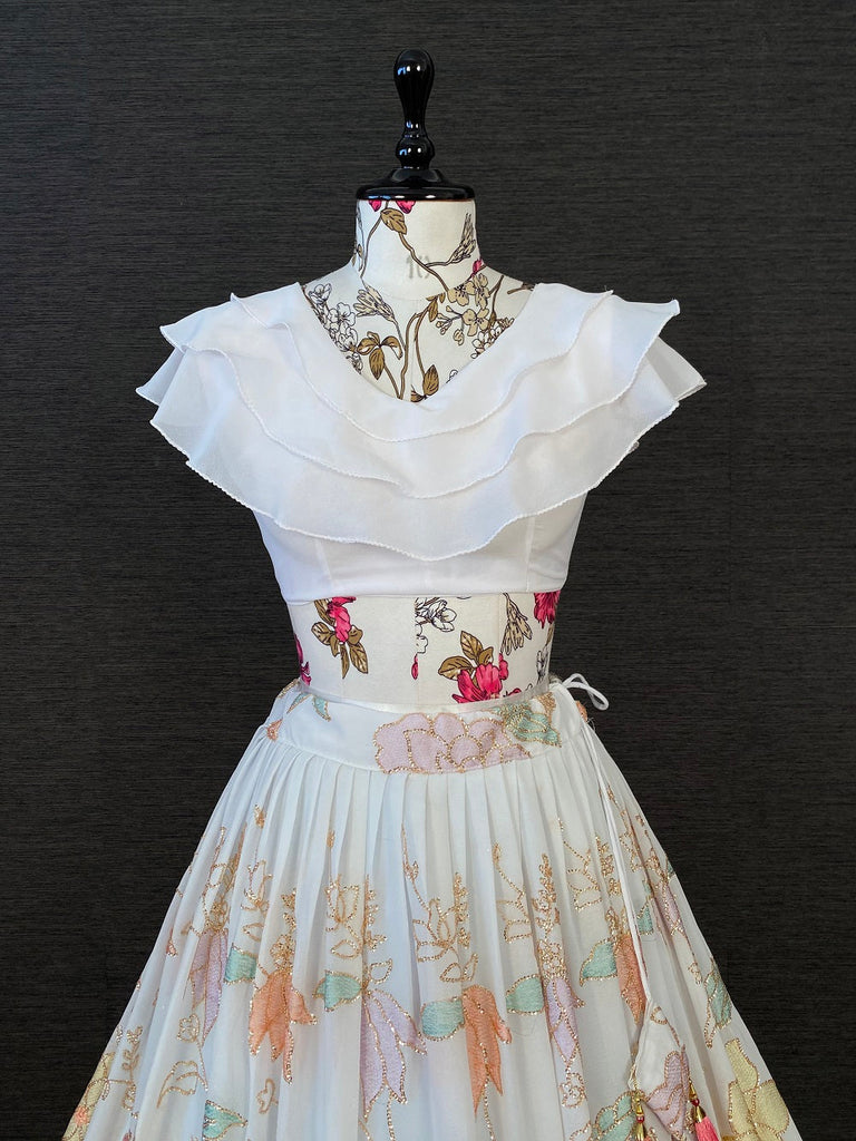 White Color Thread & Sequins Embroidery Work Georgette Lehenga Set Clothsvilla