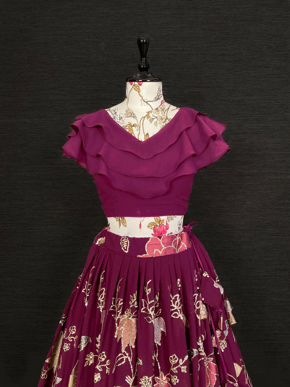 Wine Color Thread And Sequins Embroidered Work Georgette Lehengha Choli Clothsvilla