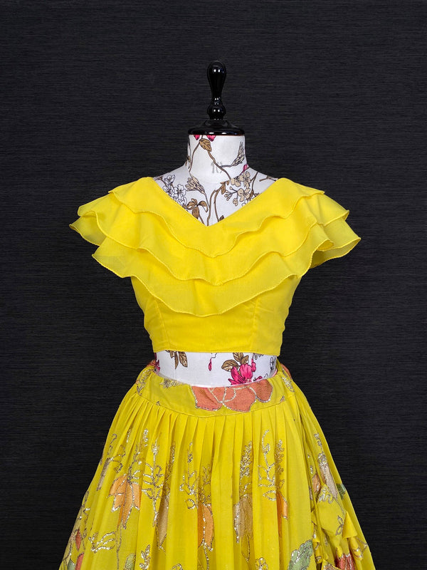 Yellow Color Sequins And Thread Embroidery Work Georgette Lehenga Choli Clothsvilla