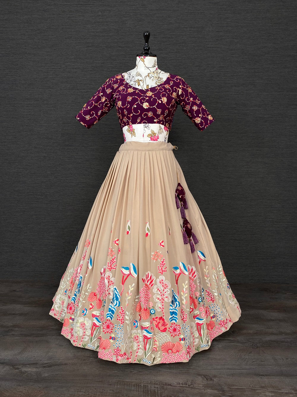 Chiku Color Thread And Sequins Embroidery Work Georgette Lehenga Choli And Dupatta With Belt Clothsvilla