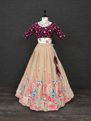 Chiku Color Thread And Sequins Embroidery Work Georgette Lehenga Choli And Dupatta With Belt Clothsvilla