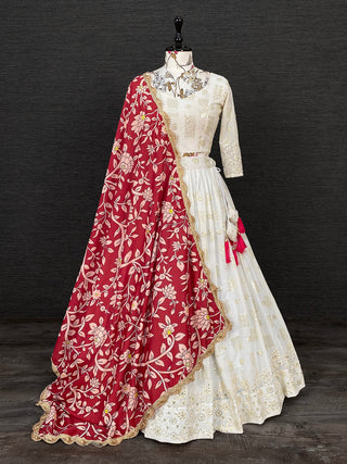 White Color Sequins And Thread Embroidery Work Georgette Lehenga Choli With Muslin Silk Dupatta Clothsvilla