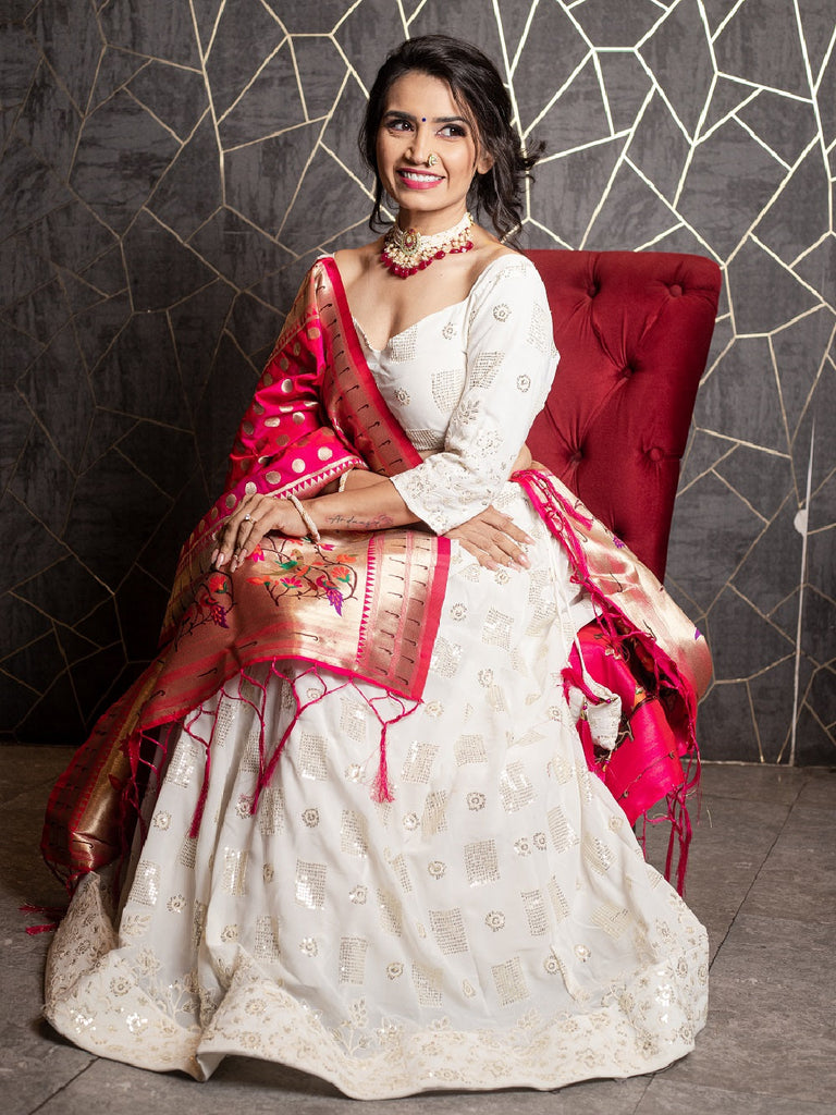 White Color Sequins And Thread Embroidery Work Georgette Lehenga Choli With Jacquard Dupatta Clothsvilla