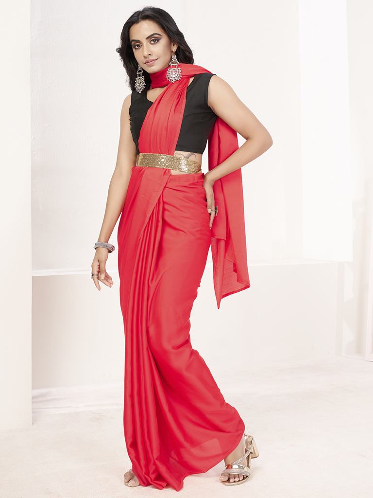 Tomato Red Ready to Wear One Minute Lycra Saree ClothsVilla