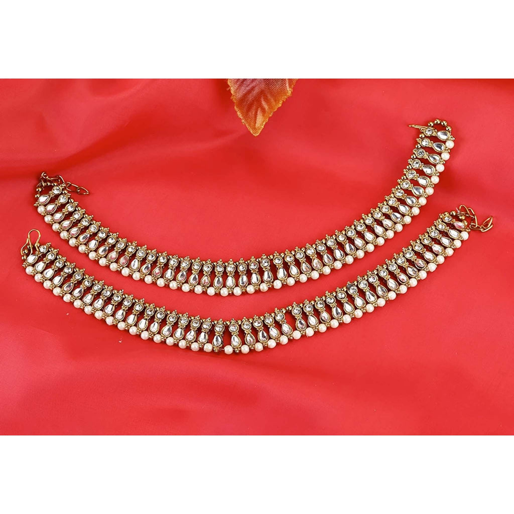 Traditional Heavy Pearl Kundan Bridal Anklets. Alloy Anklet (Pack of 2) ClothsVilla