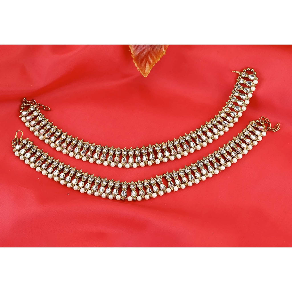 Traditional Heavy Pearl Kundan Bridal Anklets. Alloy Anklet (Pack of 2) ClothsVilla