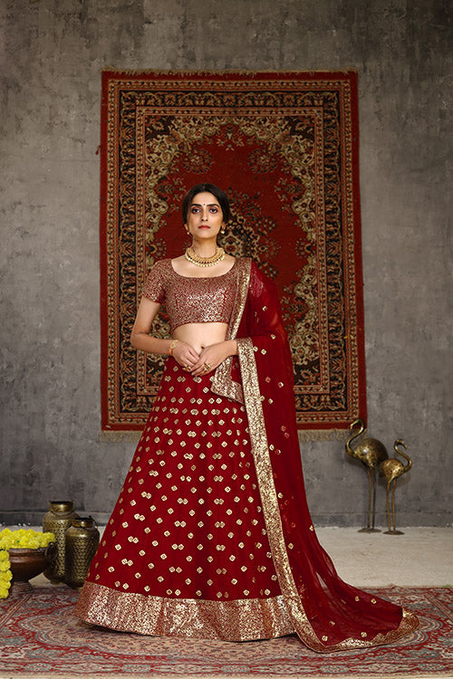 Traditional Indian Bridal Style Net Embroidered Lehenga Choli ClothsVilla.com
