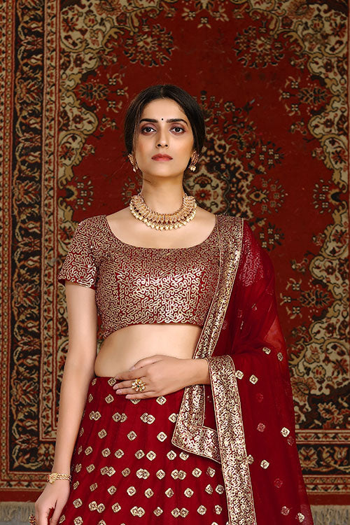Traditional Indian Bridal Style Net Embroidered Lehenga Choli ClothsVilla.com