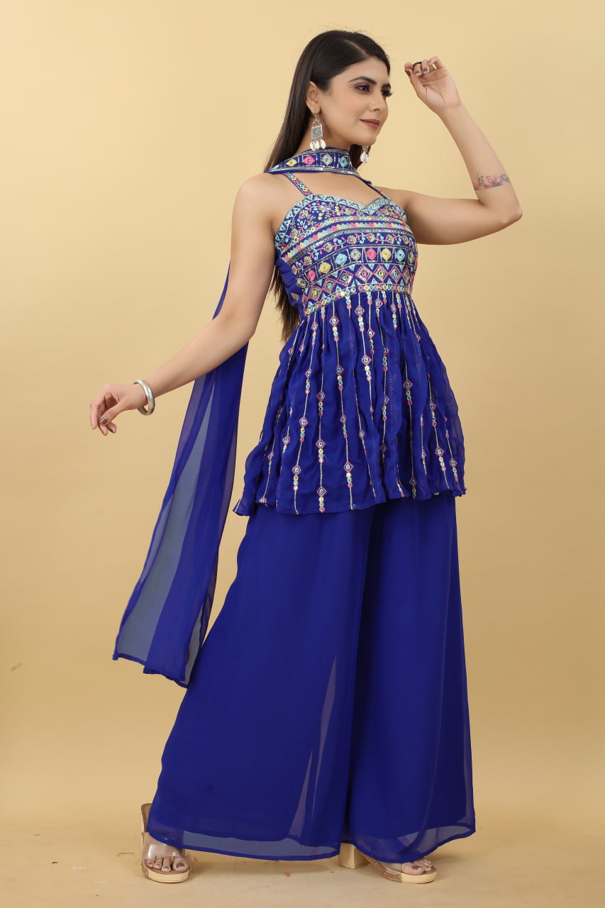 Trendy Blue Color Thread Sequence Sharara Suit Clothsvilla