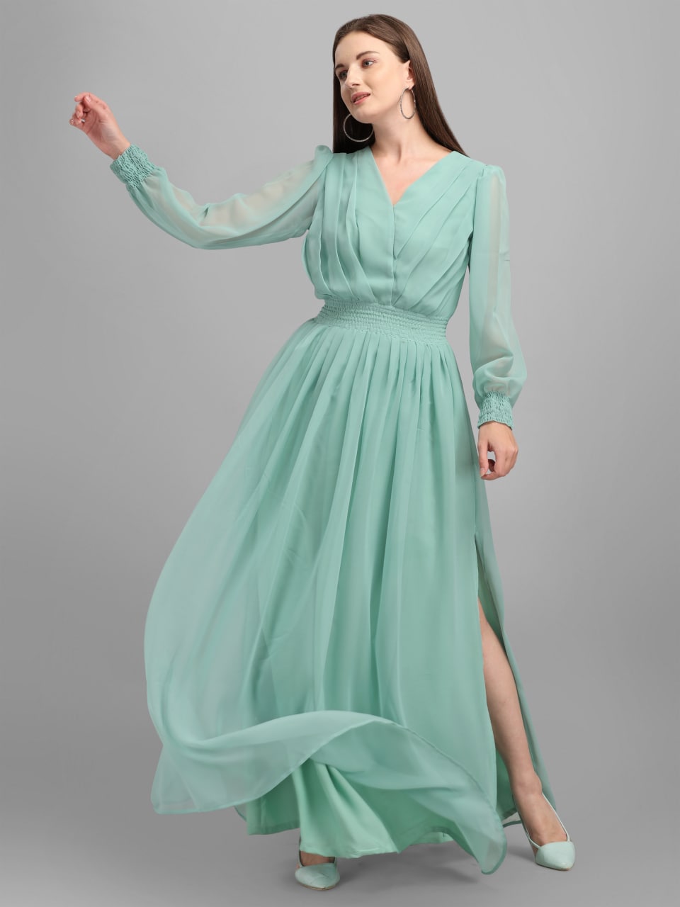 Trendy Pista Green Color Slide Slit Dress Clothsvilla