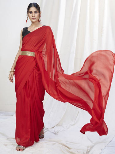 True Red Ready to Wear One Minute Lycra Saree ClothsVilla