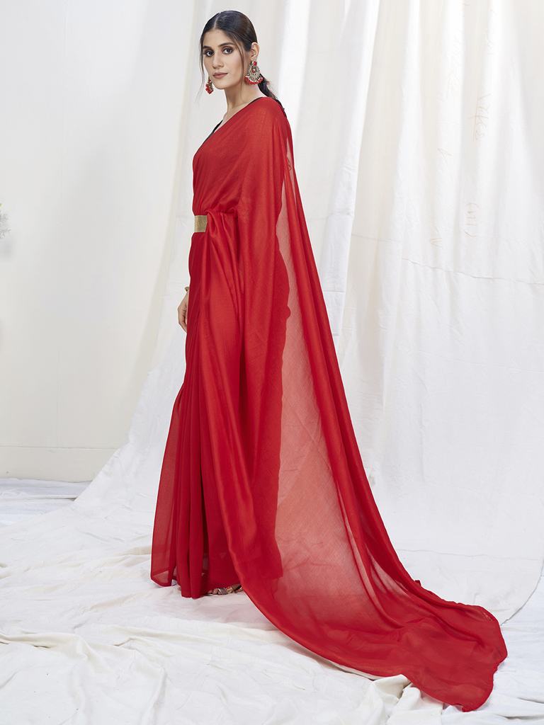 True Red Ready to Wear One Minute Lycra Saree ClothsVilla