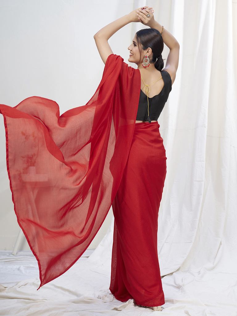True Red Ready to Wear One Minute Lycra Saree ClothsVilla