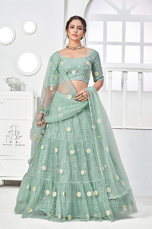 Turquoise Green Net Thread with Sequins Embroidered Lehenga Choli ClothsVilla.com