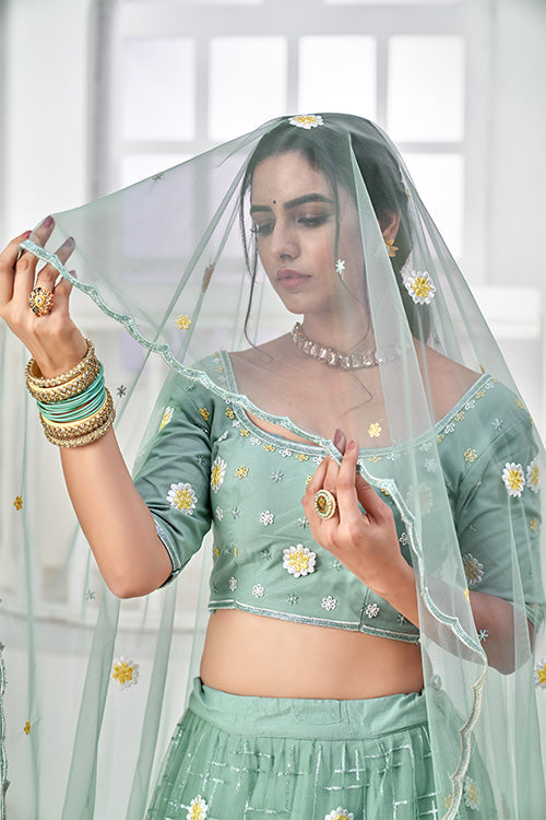 Turquoise Green Net Thread with Sequins Embroidered Lehenga Choli ClothsVilla.com