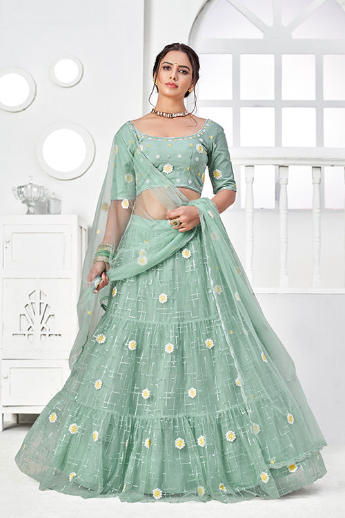 Turquoise Green Net Thread with Sequins Embroidered Lehenga Choli ClothsVilla.com