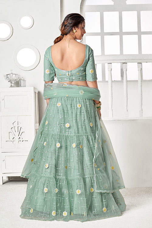 Turquoise Green Net Thread with Sequins Embroidered Lehenga Choli ClothsVilla.com