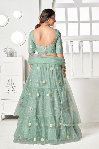 Turquoise Green Net Thread with Sequins Embroidered Lehenga Choli ClothsVilla.com