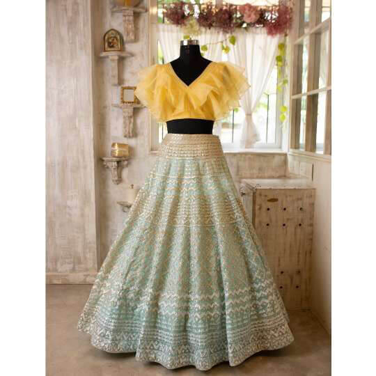 Turquoise Lehenga Choli in Organza With Thread And Sequence Work Clothsvilla