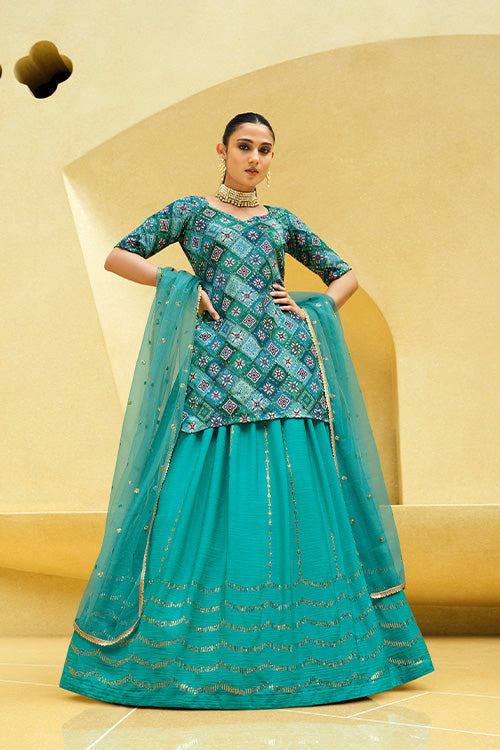 Turquoise Blue Chinon Silk Sequins Embroidered Work Lehenga Choli ClothsVilla.com