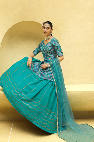 Turquoise Blue Chinon Silk Sequins Embroidered Work Lehenga Choli ClothsVilla.com
