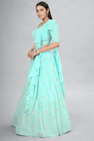 Turquoise Indian Georgette Lehenga Choli With Ruffle Dupatta For Indian Festival & Weddings - Sequence Embroidery Work, Clothsvilla