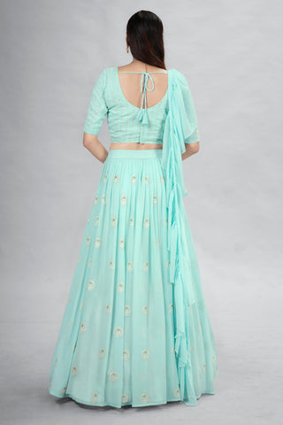 Turquoise Indian Georgette Lehenga Choli With Ruffle Dupatta For Indian Festival & Weddings - Sequence Embroidery Work, Clothsvilla