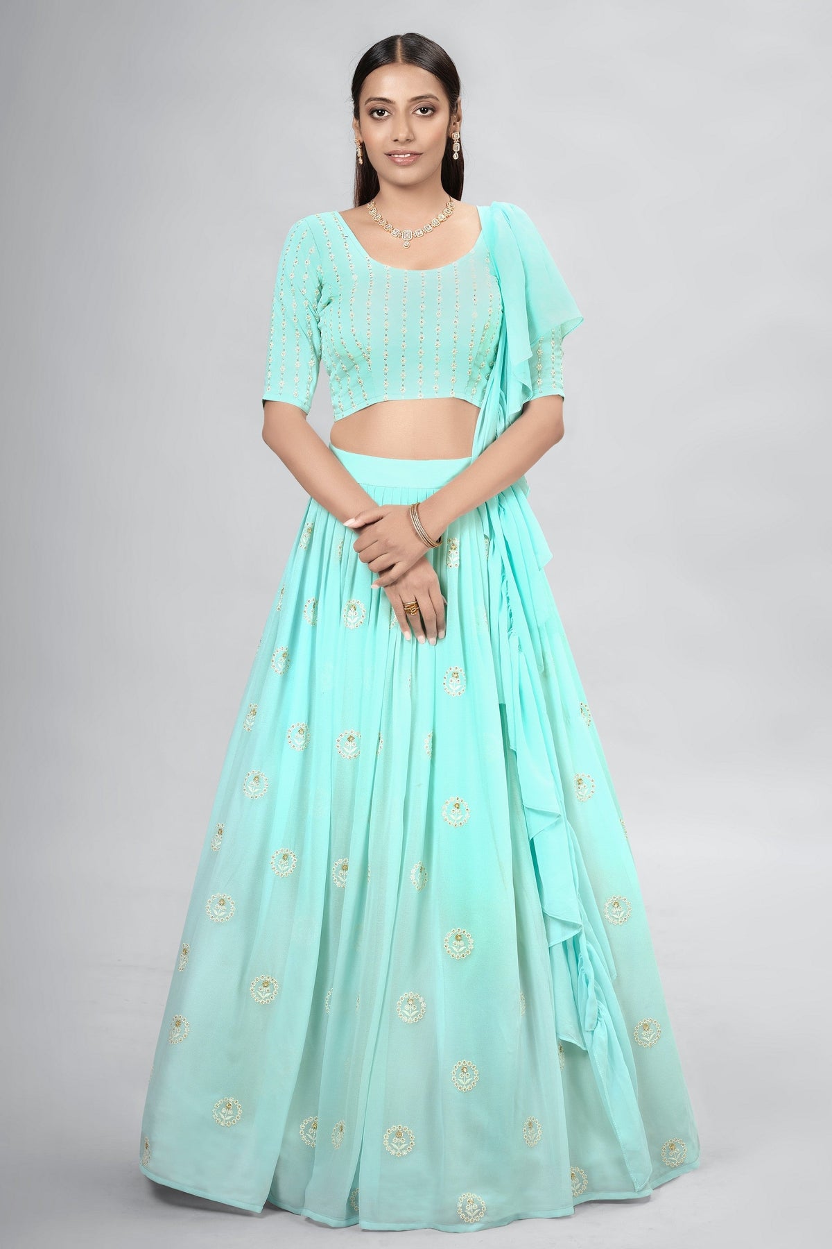Turquoise Indian Georgette Lehenga Choli With Ruffle Dupatta For Indian Festival & Weddings - Sequence Embroidery Work, Clothsvilla Main image