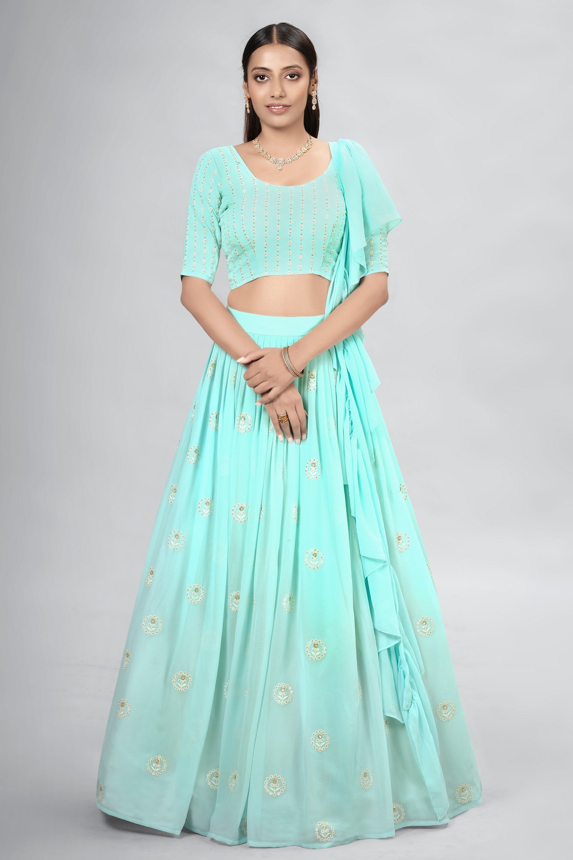 Turquoise Indian Georgette Lehenga Choli With Ruffle Dupatta For Indian Festival & Weddings - Sequence Embroidery Work, Clothsvilla Main image