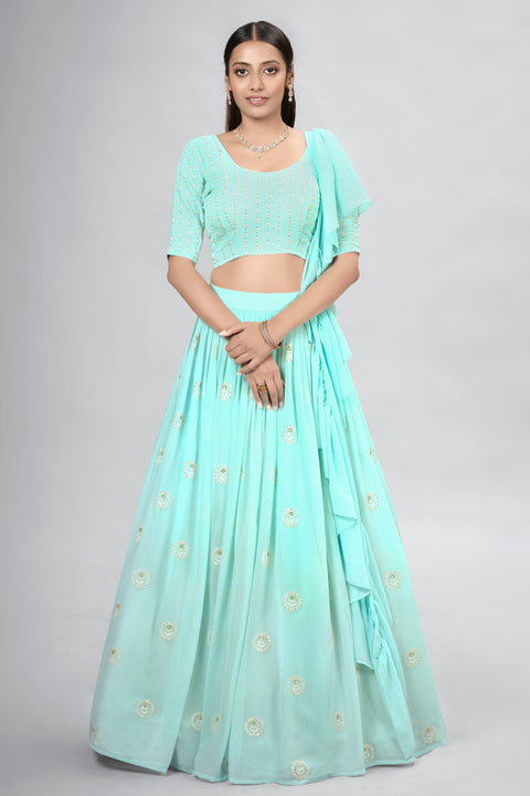 Turquoise Indian Georgette Lehenga Choli With Ruffle Dupatta For Indian Festival & Weddings - Sequence Embroidery Work, Clothsvilla Main image