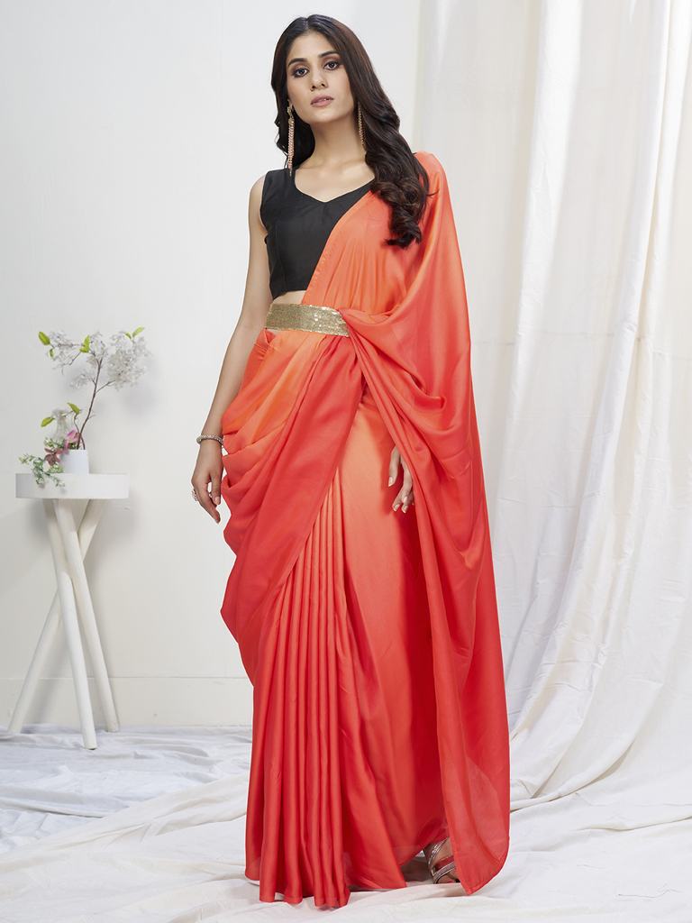 Two-Toned Red Lycra Based Saree with Black Blouse ClothsVilla