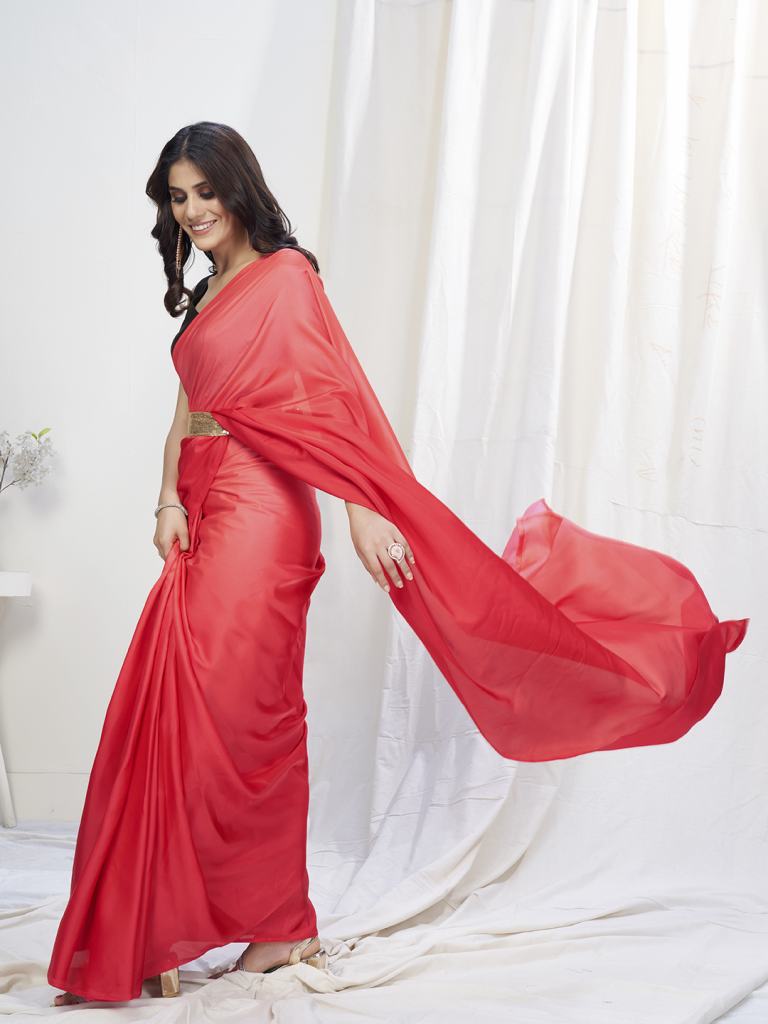 Two-Toned Red Lycra Based Saree ClothsVilla