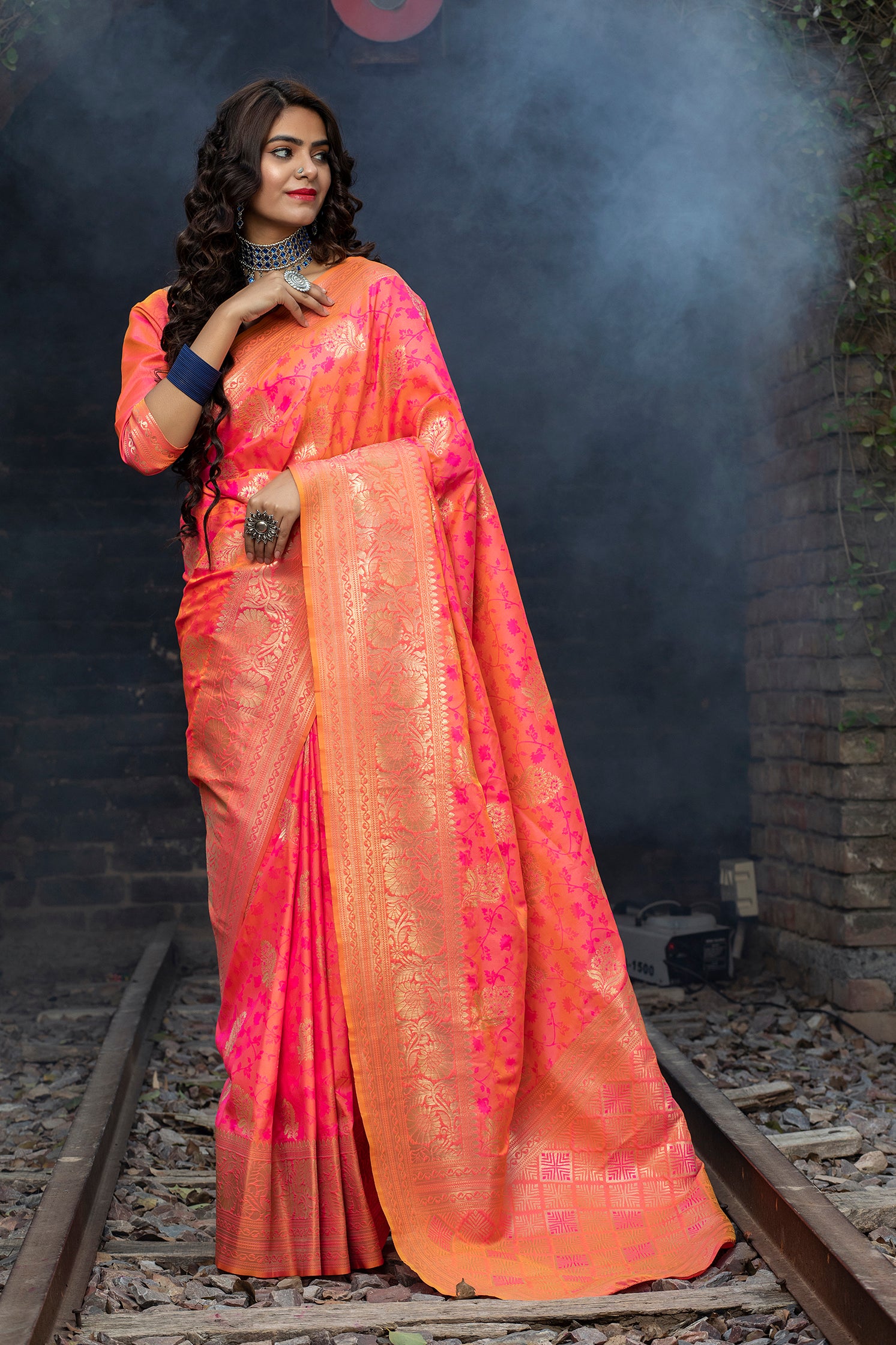 Two Tone Pink Colored Latest Designer Party Wear Maharani Silk Saree ClothsVilla
