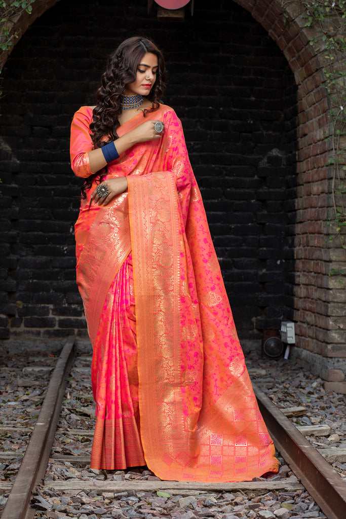 Two Tone Pink Colored Latest Designer Party Wear Maharani Silk Saree ClothsVilla