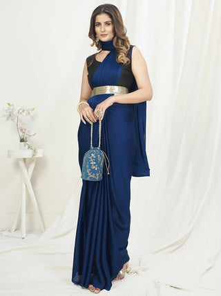 Unique Blue Ready to Wear One Minute Saree In Satin Silk ClothsVilla
