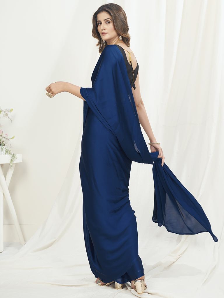 Unique Blue Ready to Wear One Minute Saree In Satin Silk ClothsVilla
