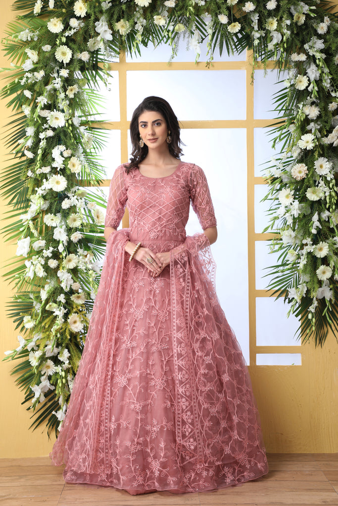 Unique Dusty Peach Colored Party Wear Embroidered Net Gown With Dupatta ClothsVilla