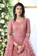 Load image into Gallery viewer, Unique Dusty Peach Colored Party Wear Embroidered Net Gown With Dupatta ClothsVilla